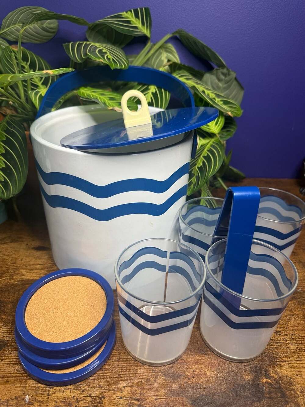 Vintage Mid-Century Modern Blue&White Wave Barware Set w Ice Bucket & Glasses